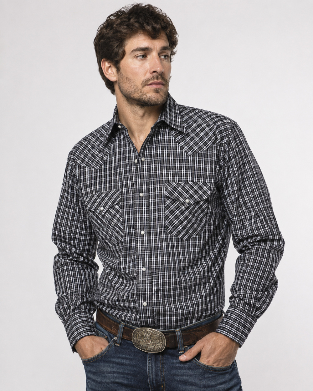 Vtg Karman Plaid Western Pearl Snap Shirt Large Cowboy Ranch Rodeo Extra Long